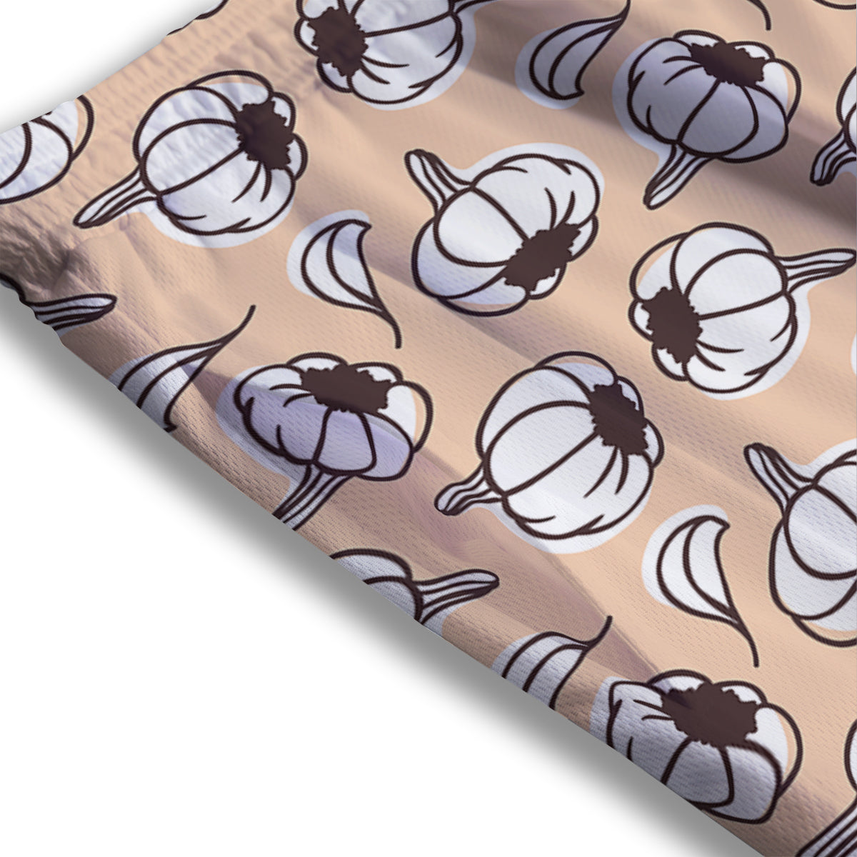 Beige Garlic Print Pattern Mesh Shorts-grizzshop