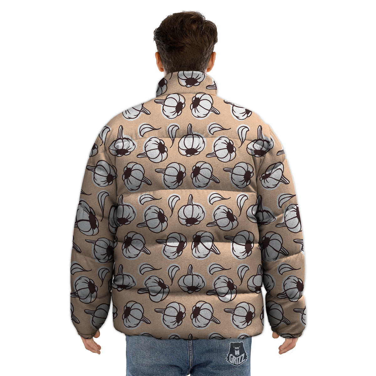 Beige Garlic Print Pattern Puffer Jacket-grizzshop