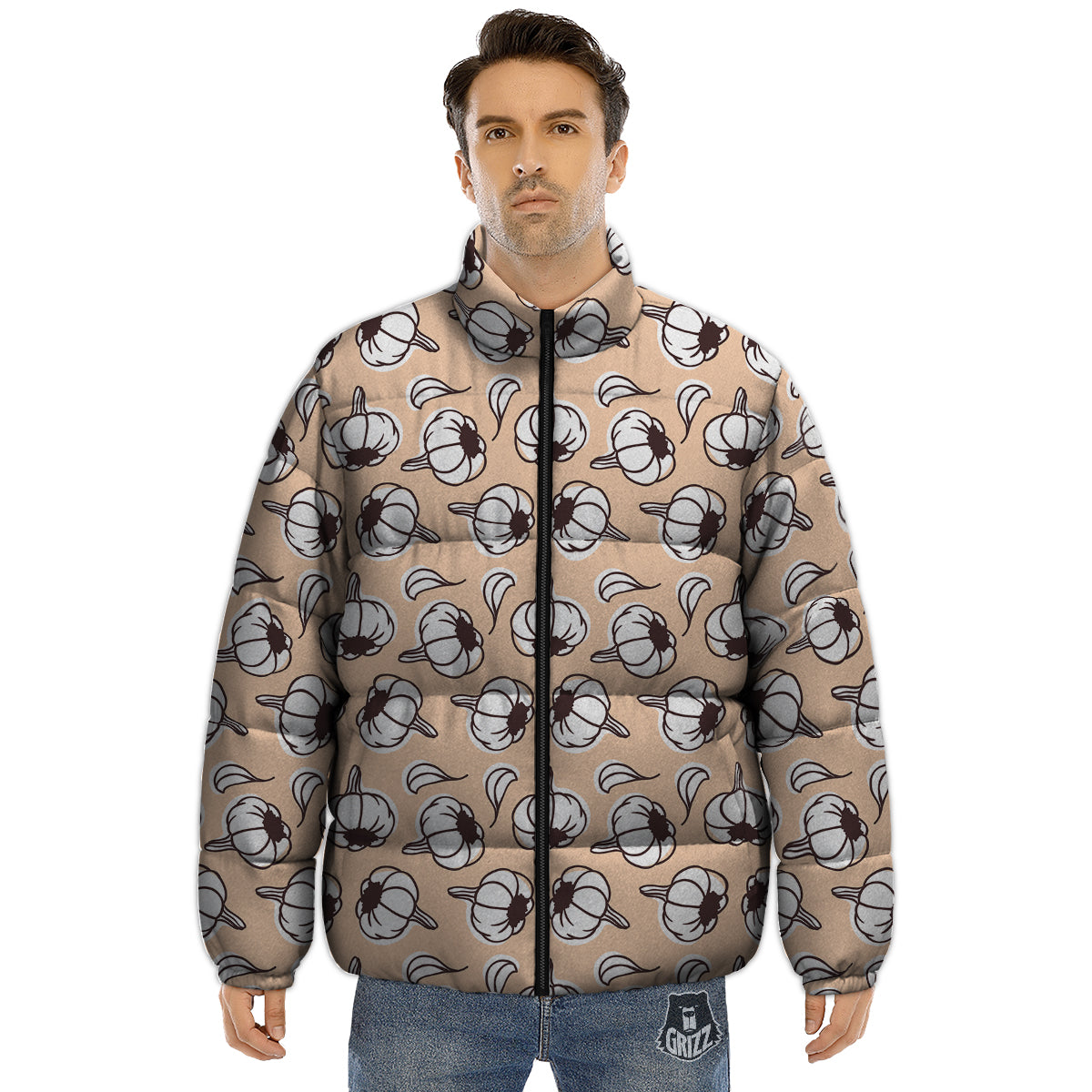 Beige Garlic Print Pattern Puffer Jacket-grizzshop