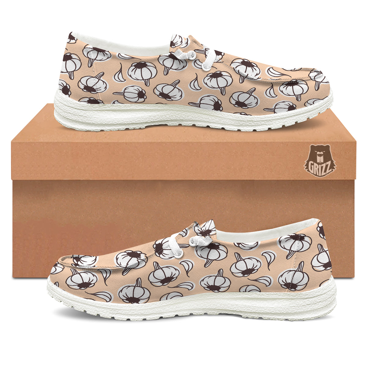 Beige Garlic Print Pattern White Loafers-grizzshop