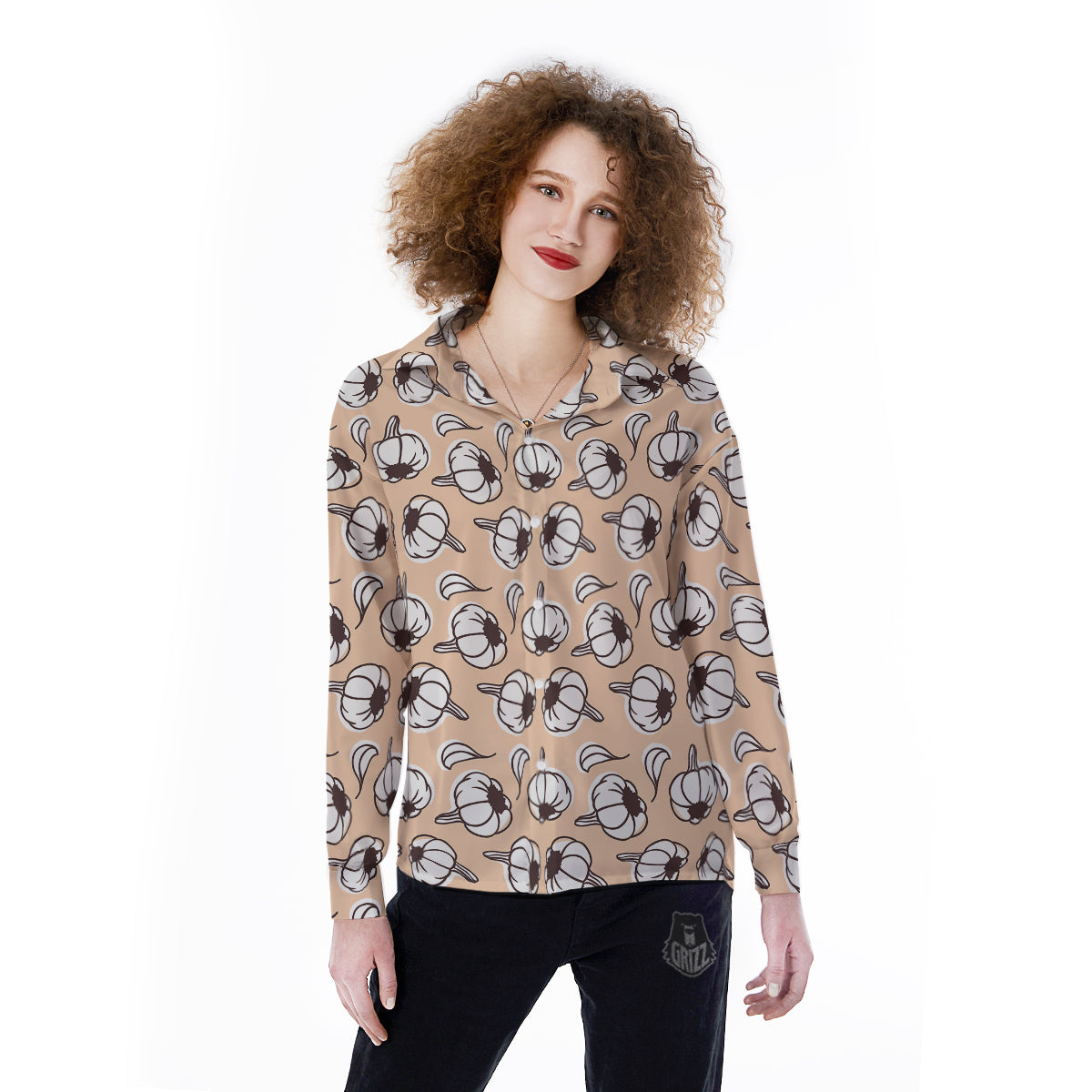 Beige Garlic Print Pattern Women's Long Sleeve Shirts-grizzshop