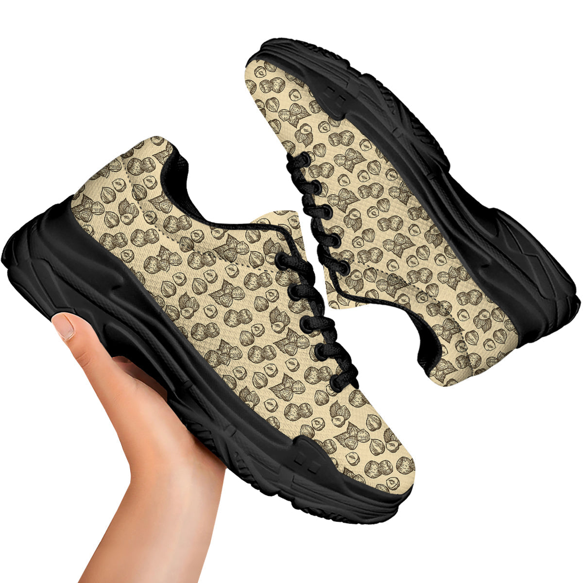 Beige Hazelnuts Print Pattern Black Chunky Shoes-grizzshop
