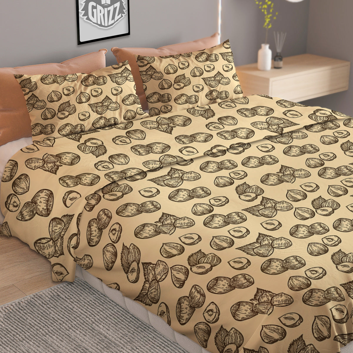 Beige Hazelnuts Print Pattern Duvet Cover Bedding Set-grizzshop