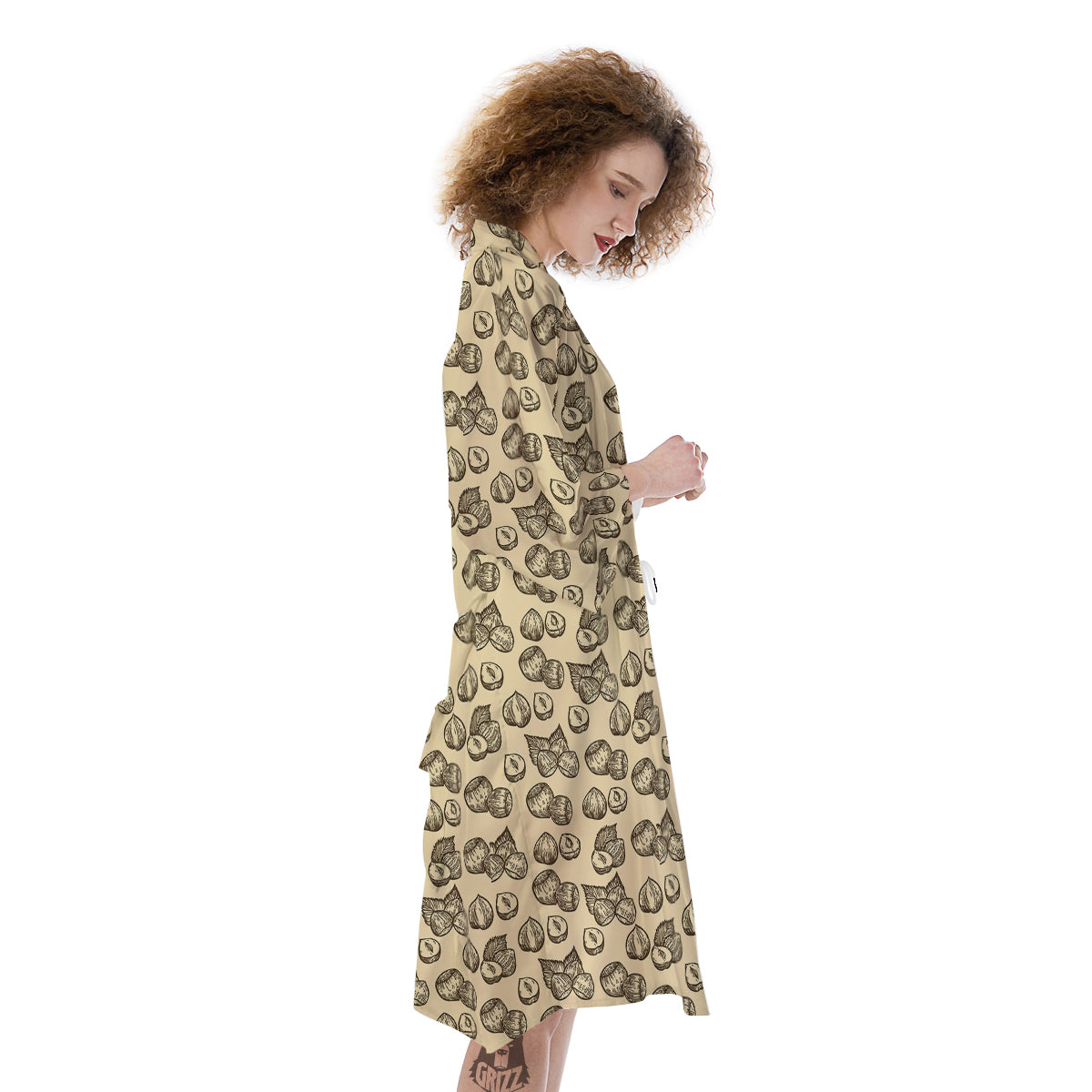 Beige Hazelnuts Print Pattern Kimono-grizzshop