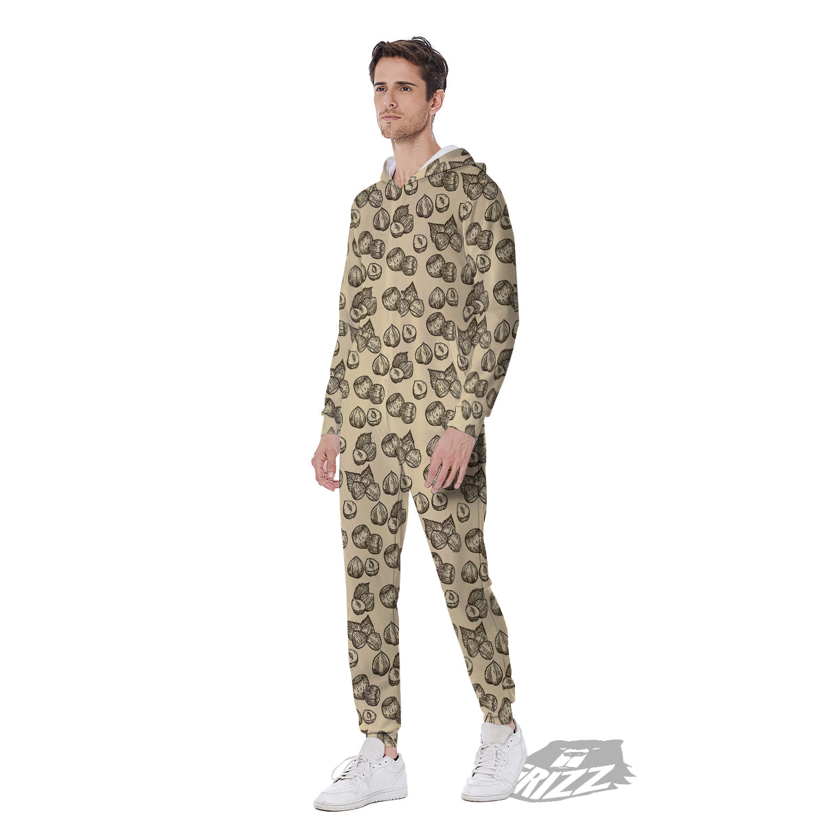 Beige Hazelnuts Print Pattern Men's Jumpsuit-grizzshop