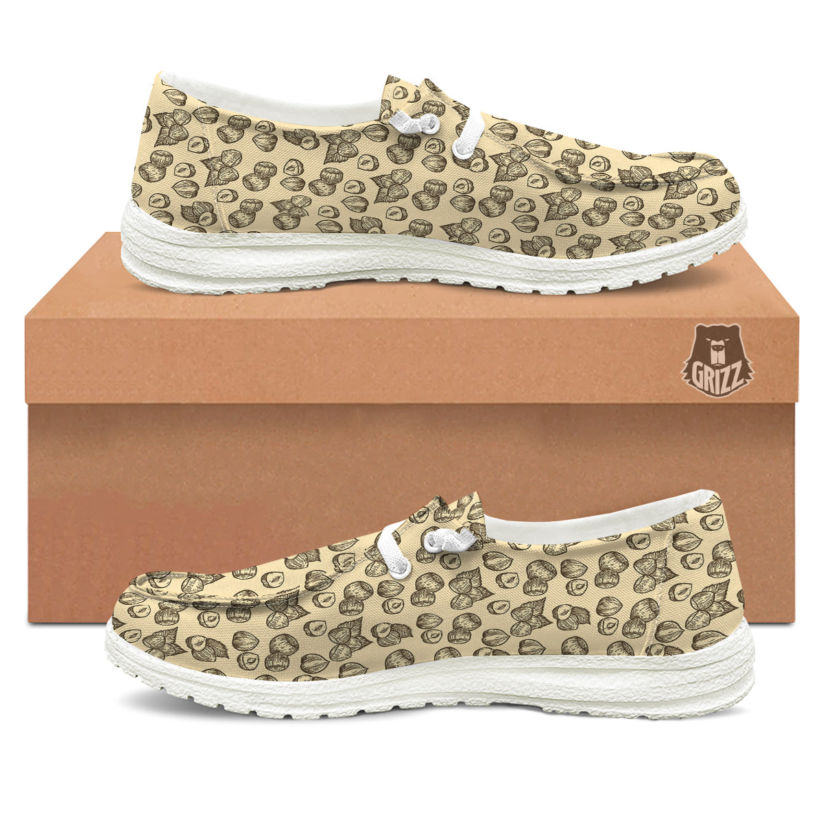 Beige Hazelnuts Print Pattern White Loafers-grizzshop