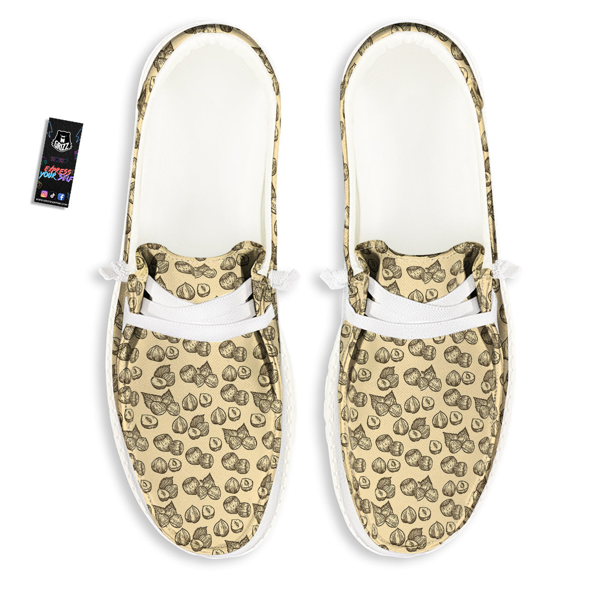 Beige Hazelnuts Print Pattern White Loafers-grizzshop