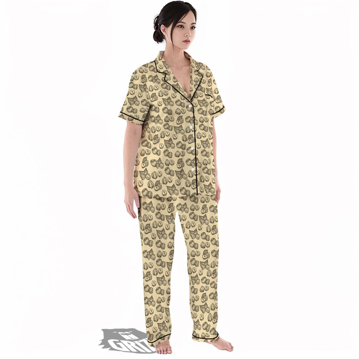 Beige Hazelnuts Print Pattern Women's Pajamas Set-grizzshop