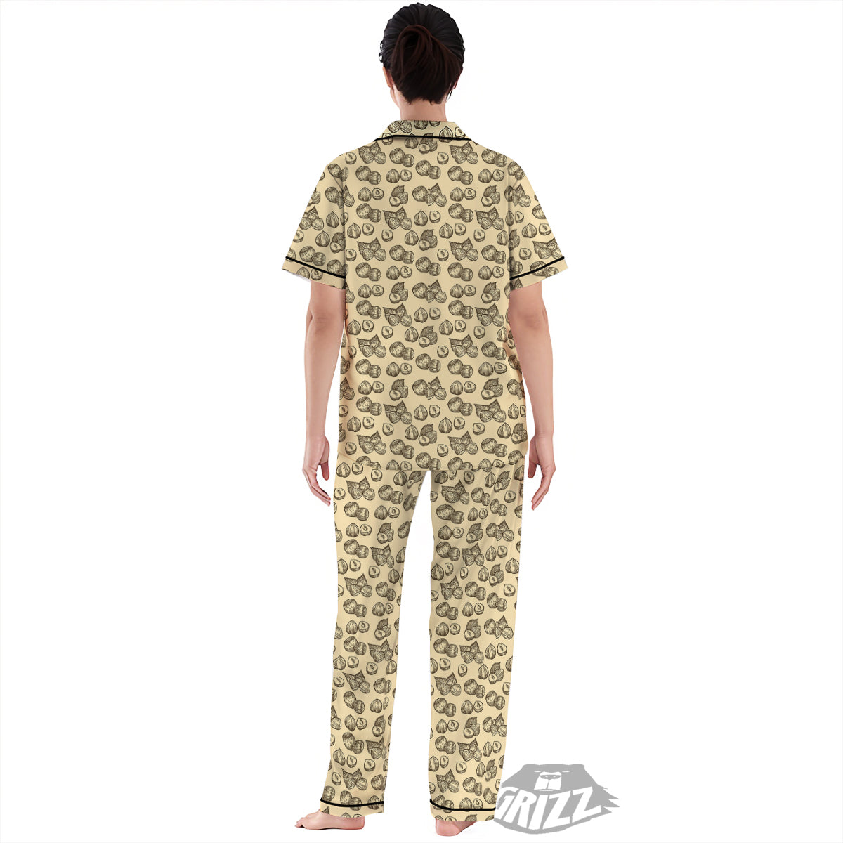 Beige Hazelnuts Print Pattern Women's Pajamas Set-grizzshop