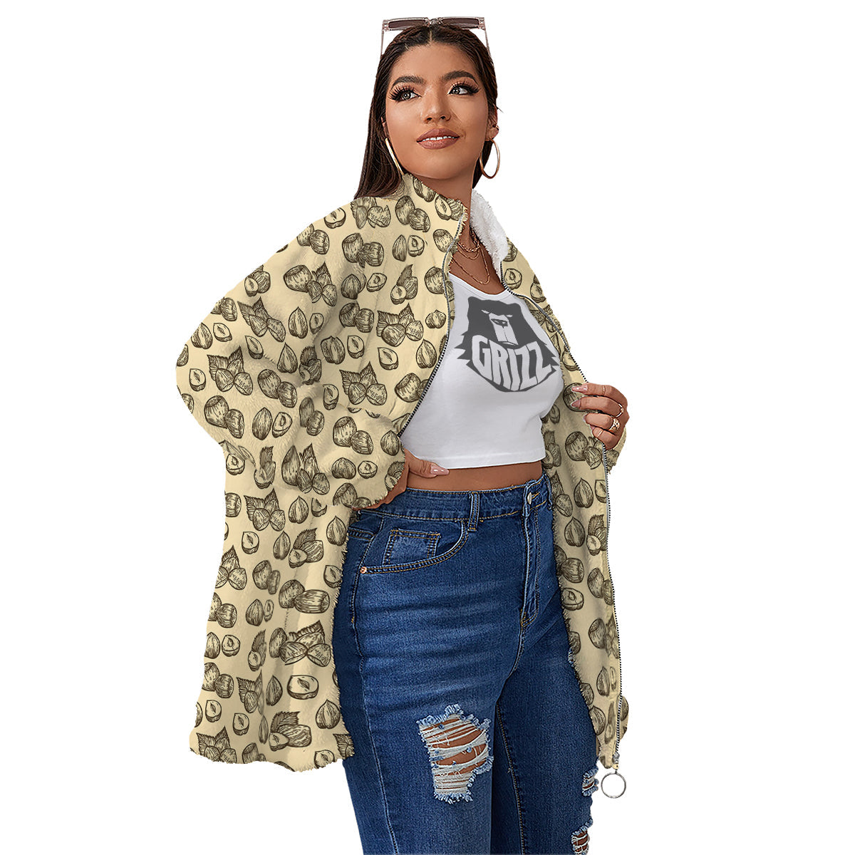 Beige Hazelnuts Print Pattern Women's Sherpa Jacket-grizzshop