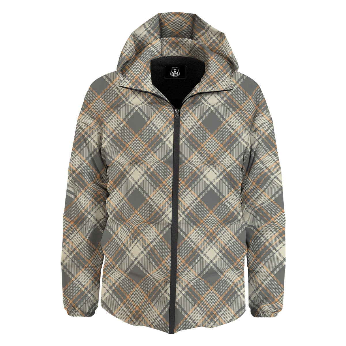 Beige Plaid And Grey Print Pattern Down Jacket-grizzshop