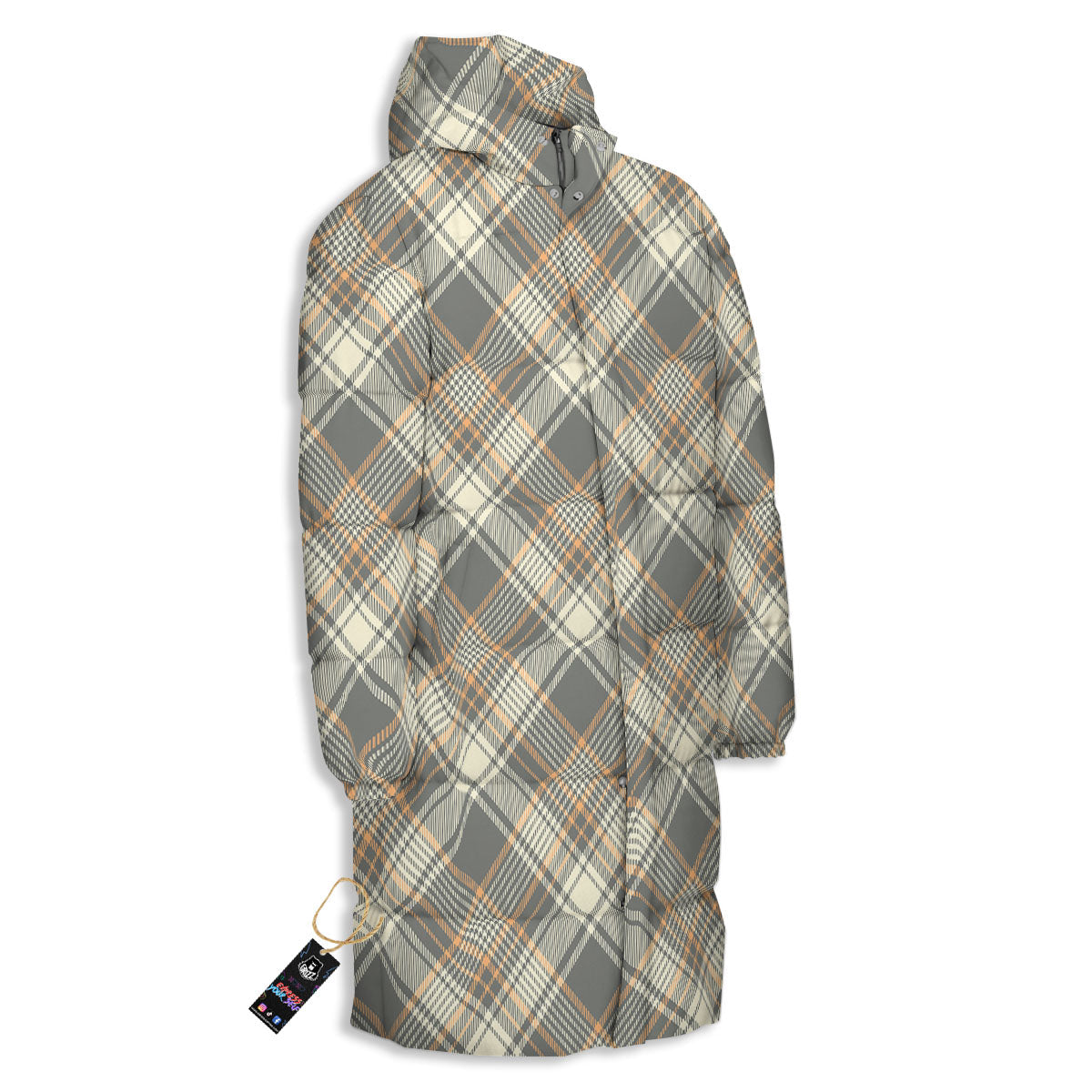Beige Plaid And Grey Print Pattern Long Down Jacket-grizzshop