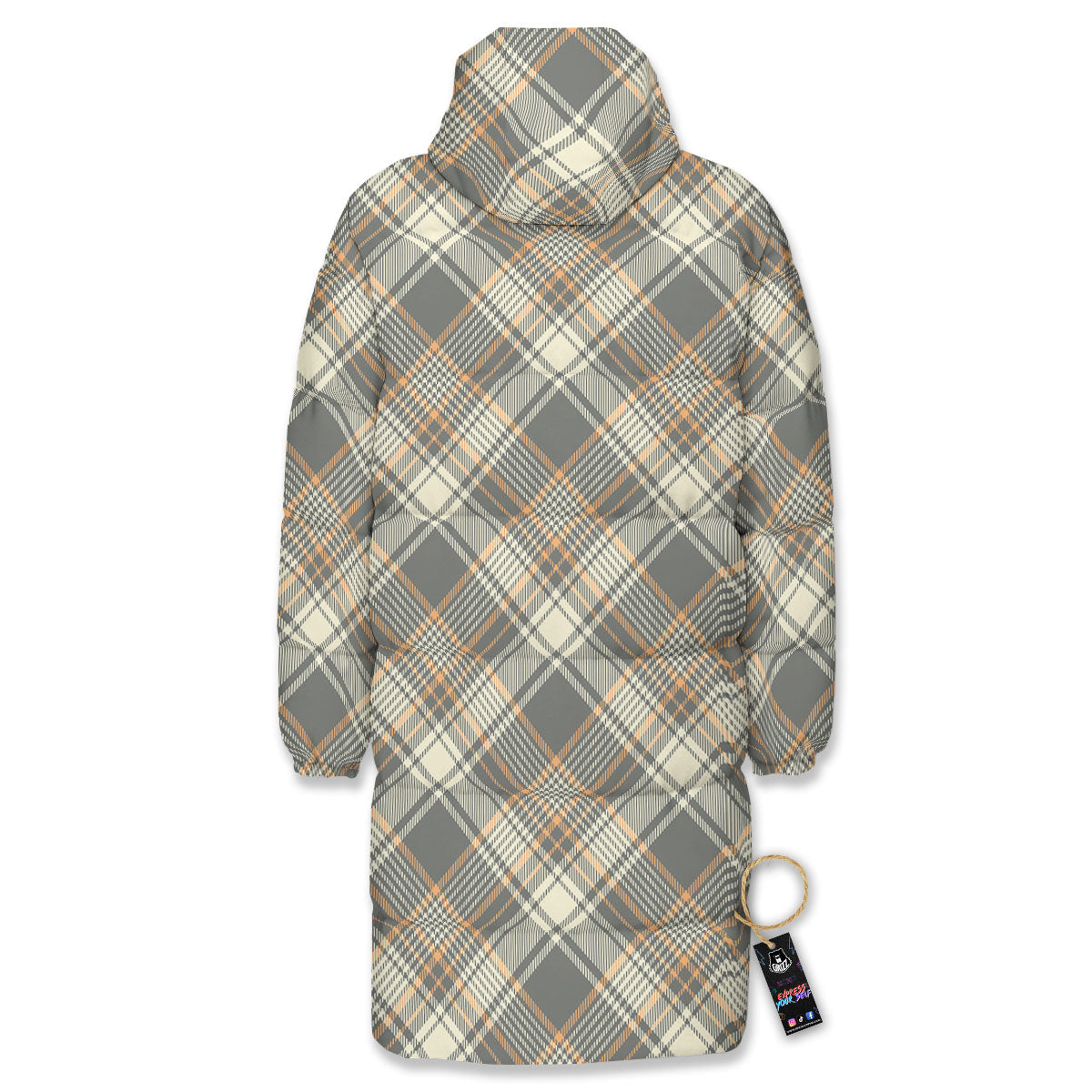 Beige Plaid And Grey Print Pattern Long Down Jacket-grizzshop