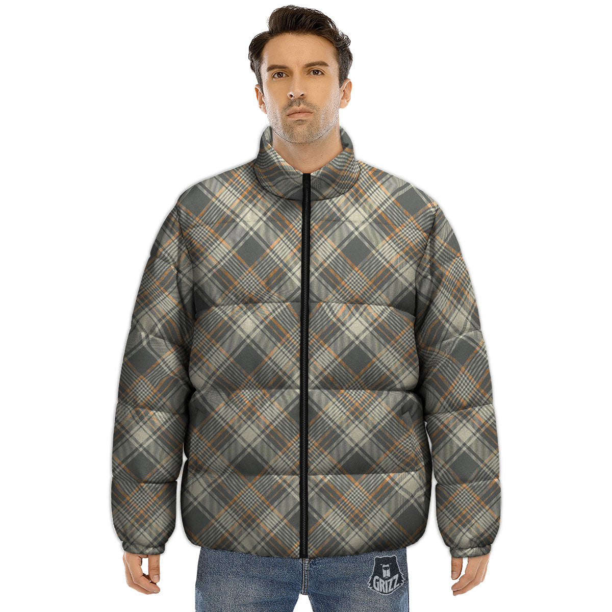 Beige Plaid And Grey Print Pattern Puffer Jacket-grizzshop