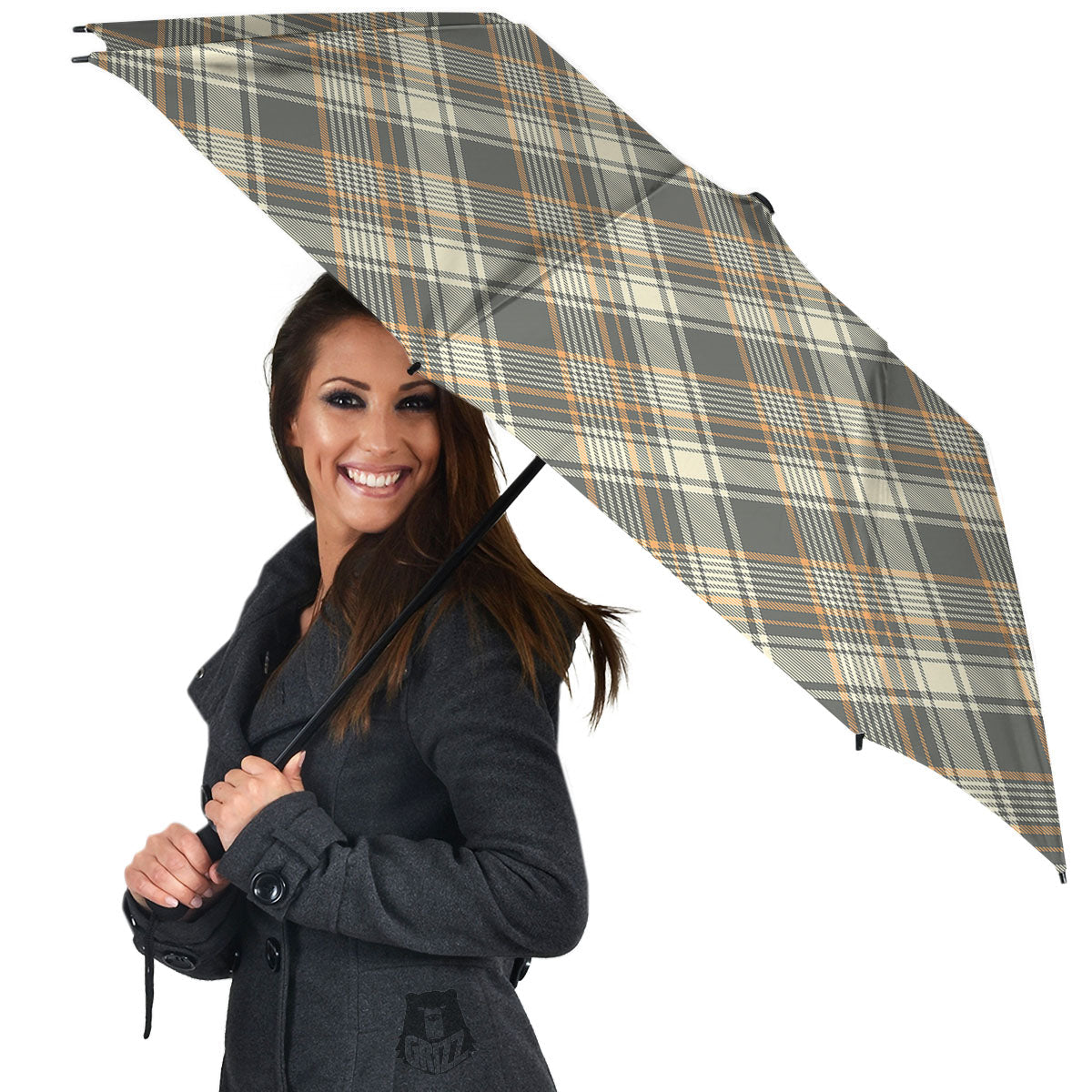Beige Plaid And Grey Print Pattern Umbrella-grizzshop