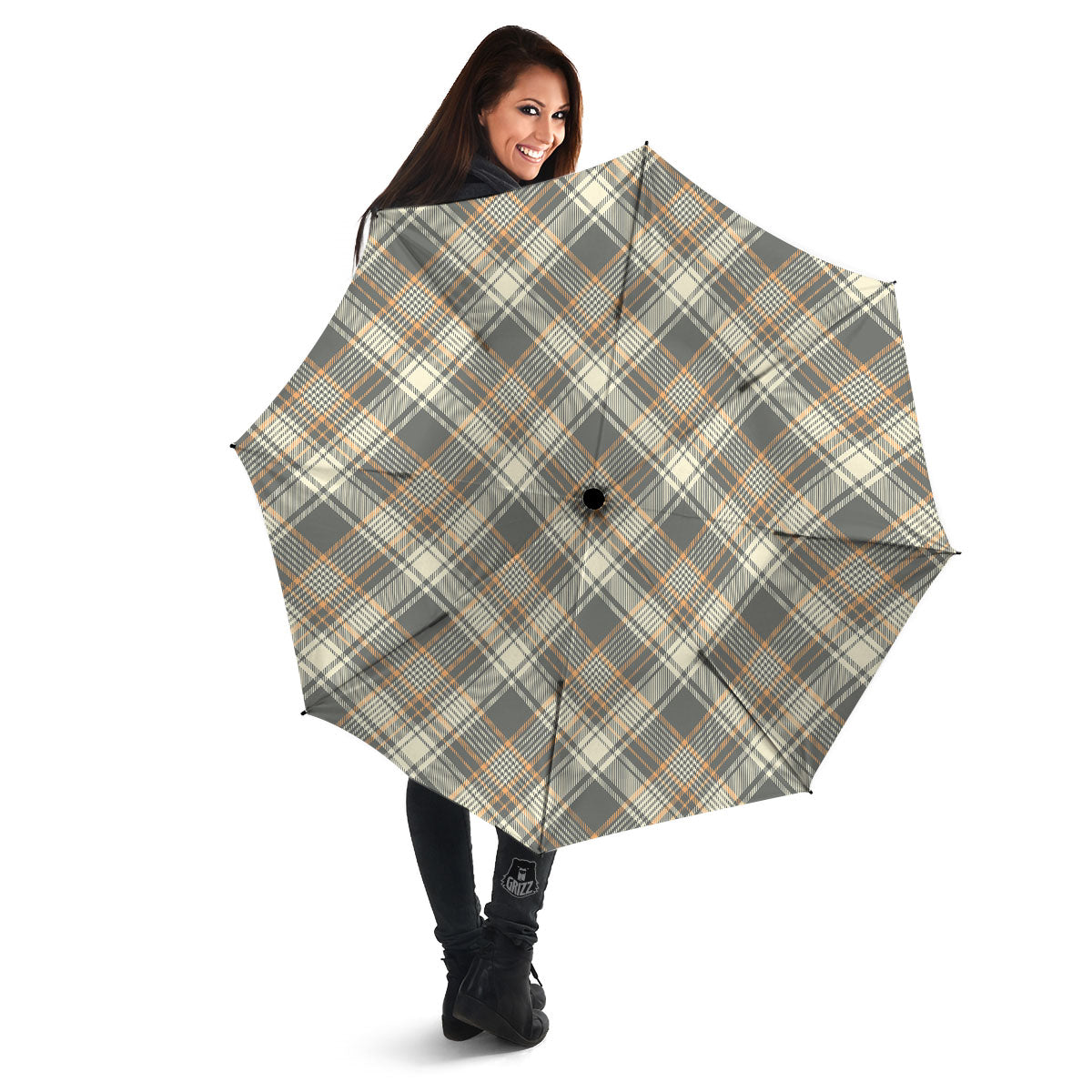 Beige Plaid And Grey Print Pattern Umbrella-grizzshop