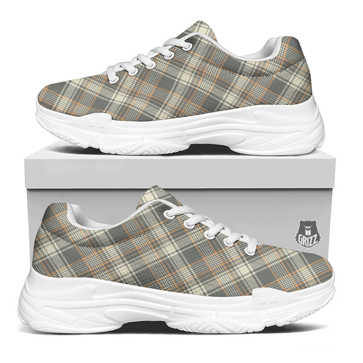 Beige Plaid And Grey Print Pattern White Chunky Shoes-grizzshop