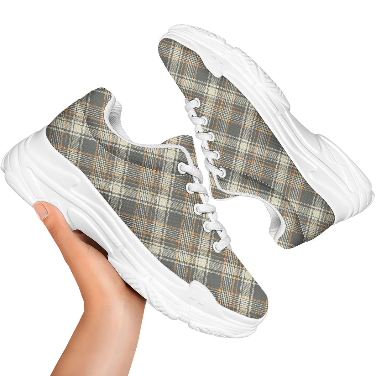 Beige Plaid And Grey Print Pattern White Chunky Shoes-grizzshop