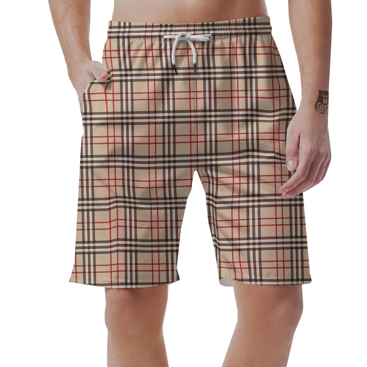 Beige Plaid Tartan Men's Shorts-grizzshop