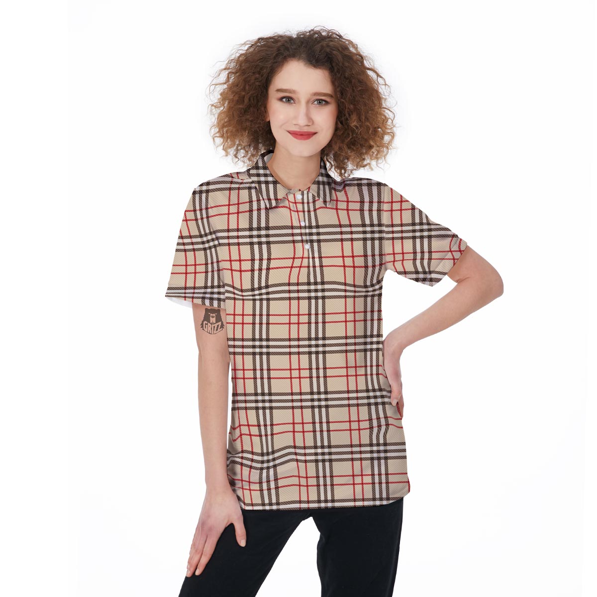 Beige Plaid Tartan Women's Golf Shirts-grizzshop