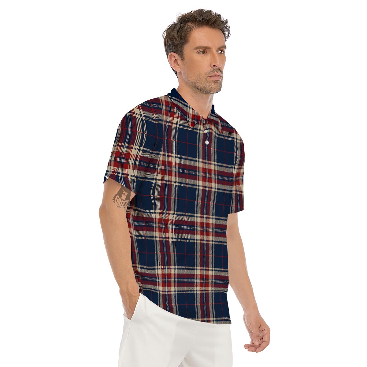 Beige Red And Blue Plaid Tartan Men's Golf Shirts-grizzshop