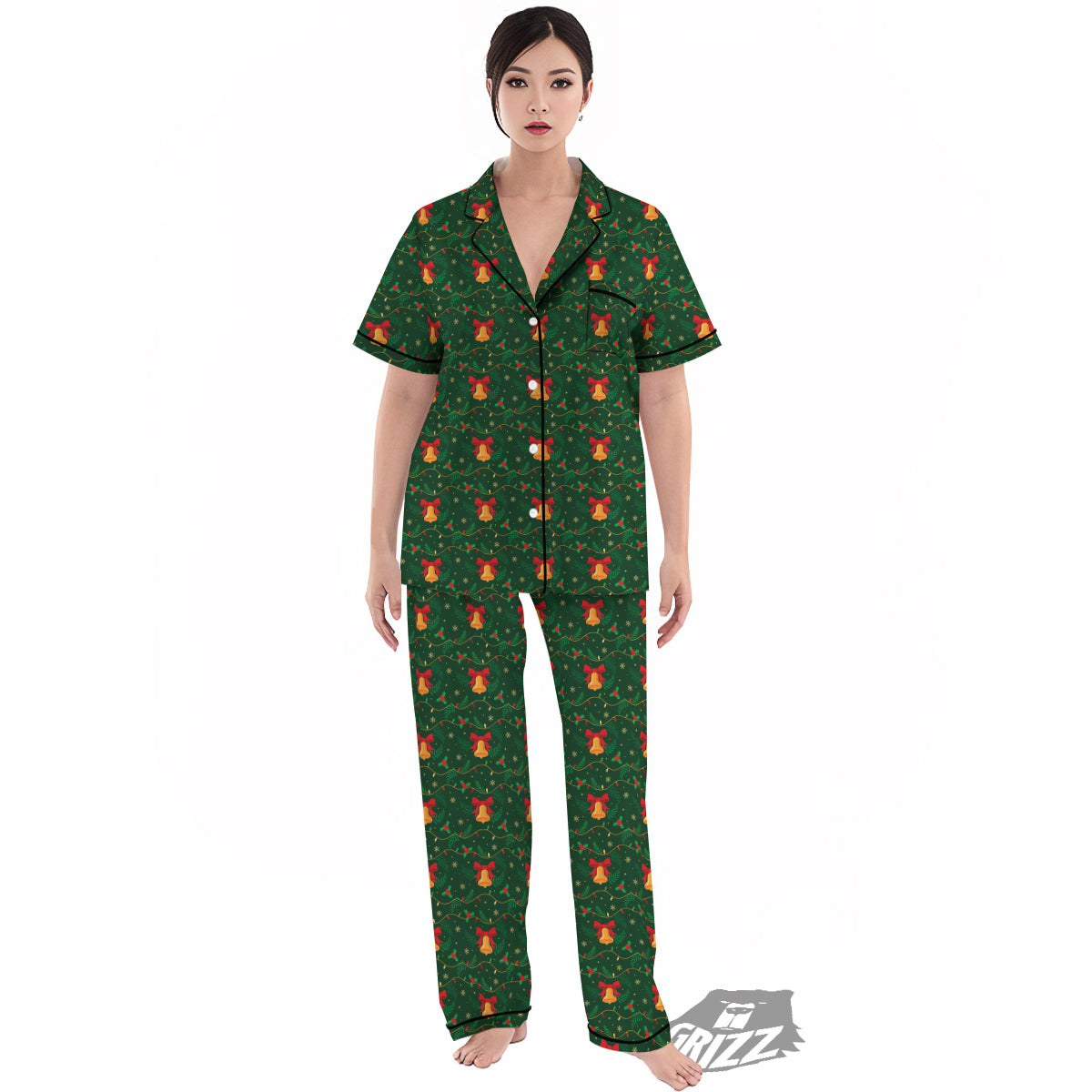 Bell Cute Christmas Print Pattern Women's Pajamas Set-grizzshop
