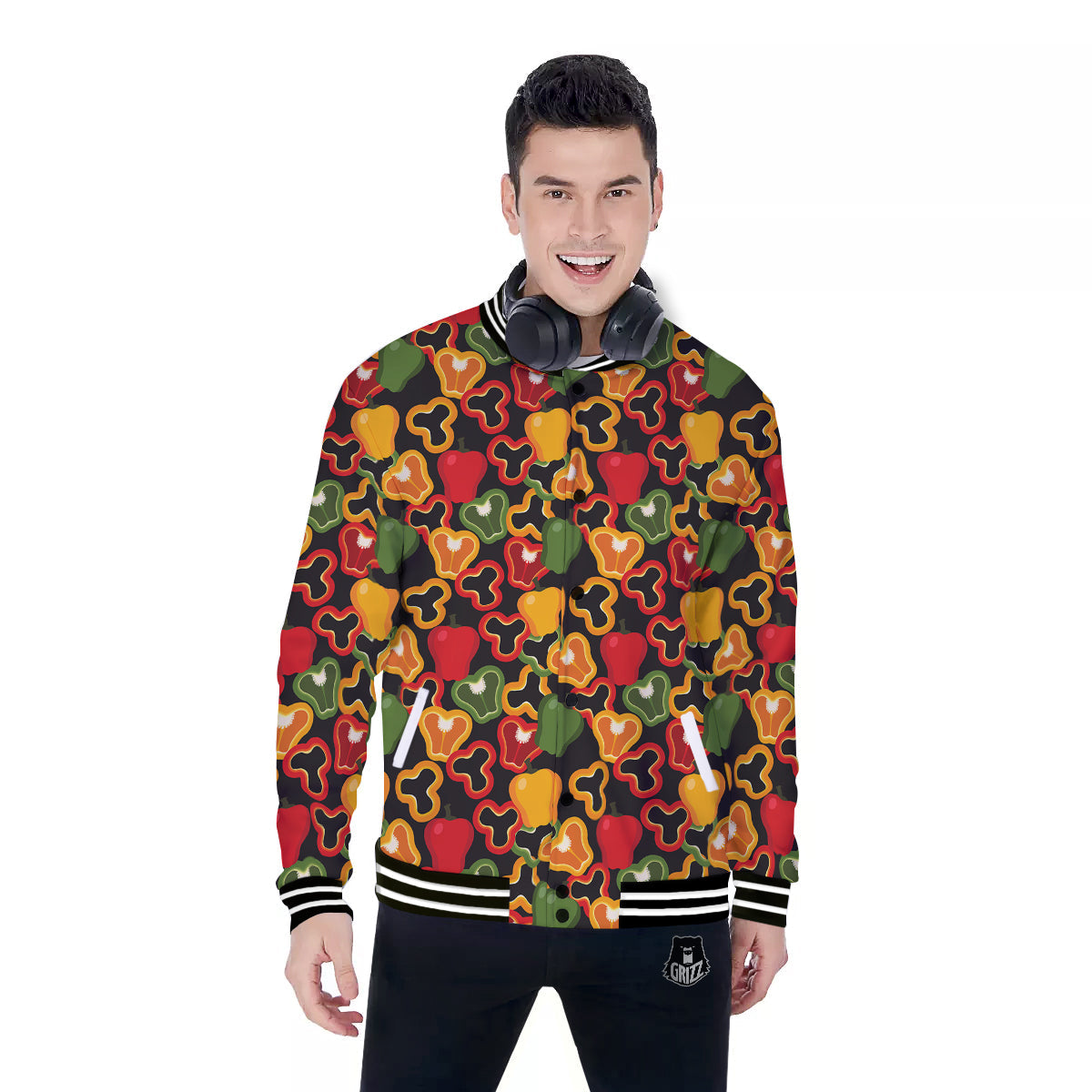 Bell Pepper Black Print Pattern Baseball Jacket-grizzshop