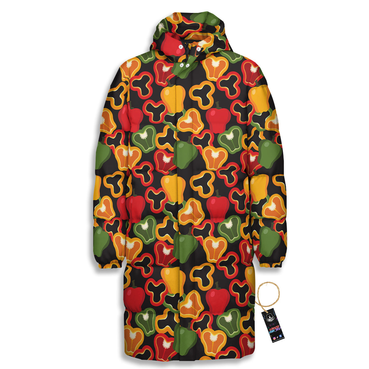 Bell Pepper Black Print Pattern Long Down Jacket-grizzshop