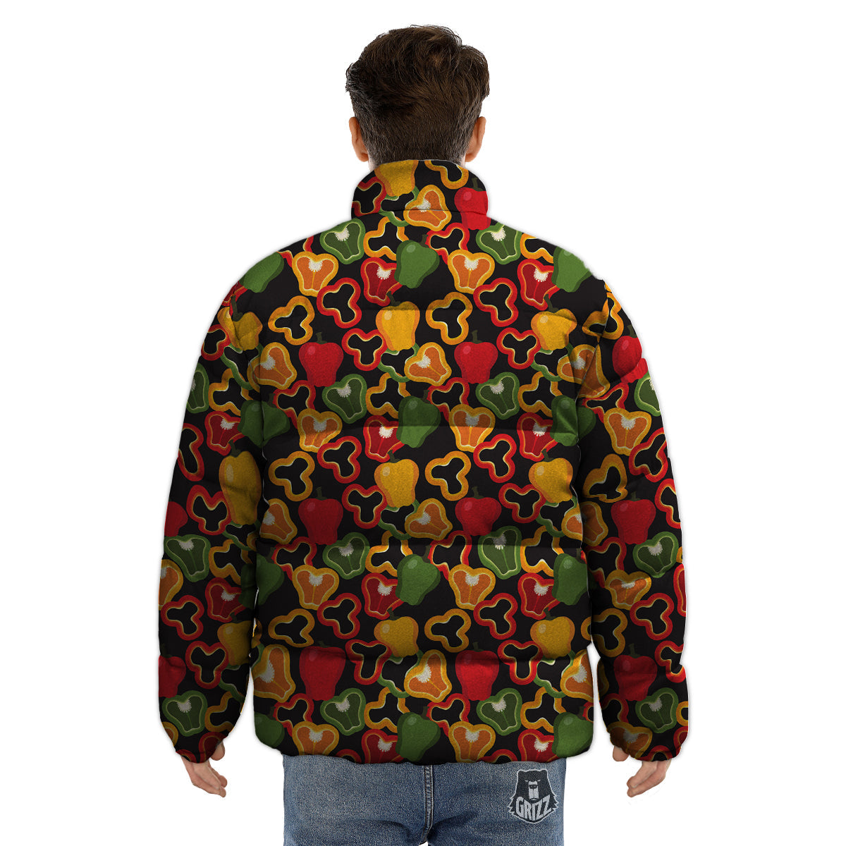 Bell Pepper Black Print Pattern Puffer Jacket-grizzshop