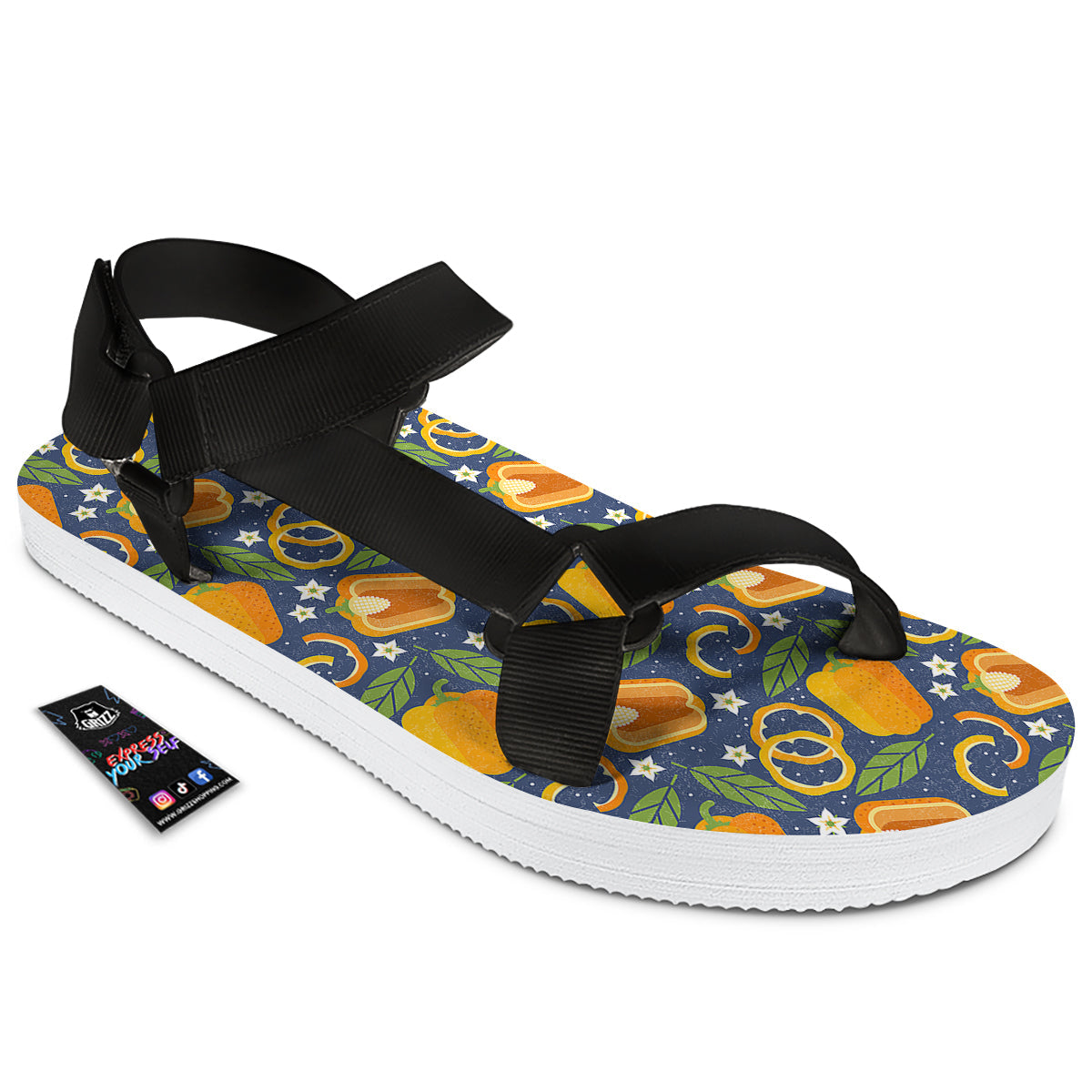 Bell Pepper Leaf Print Pattern Black Open Toe Sandals-grizzshop