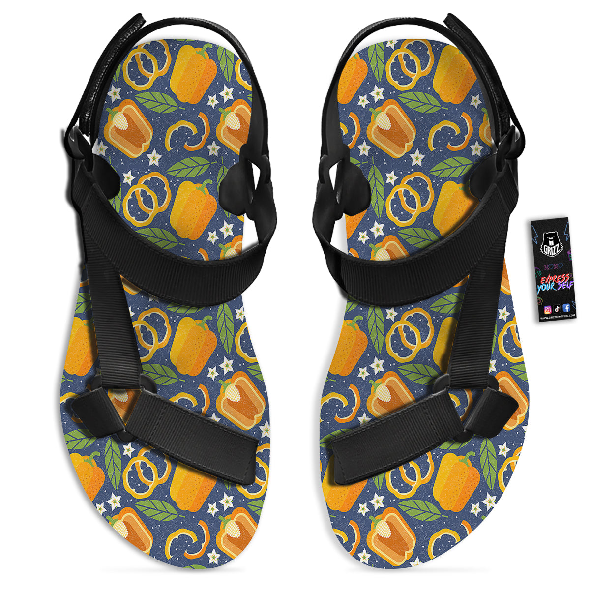 Bell Pepper Leaf Print Pattern Black Open Toe Sandals-grizzshop