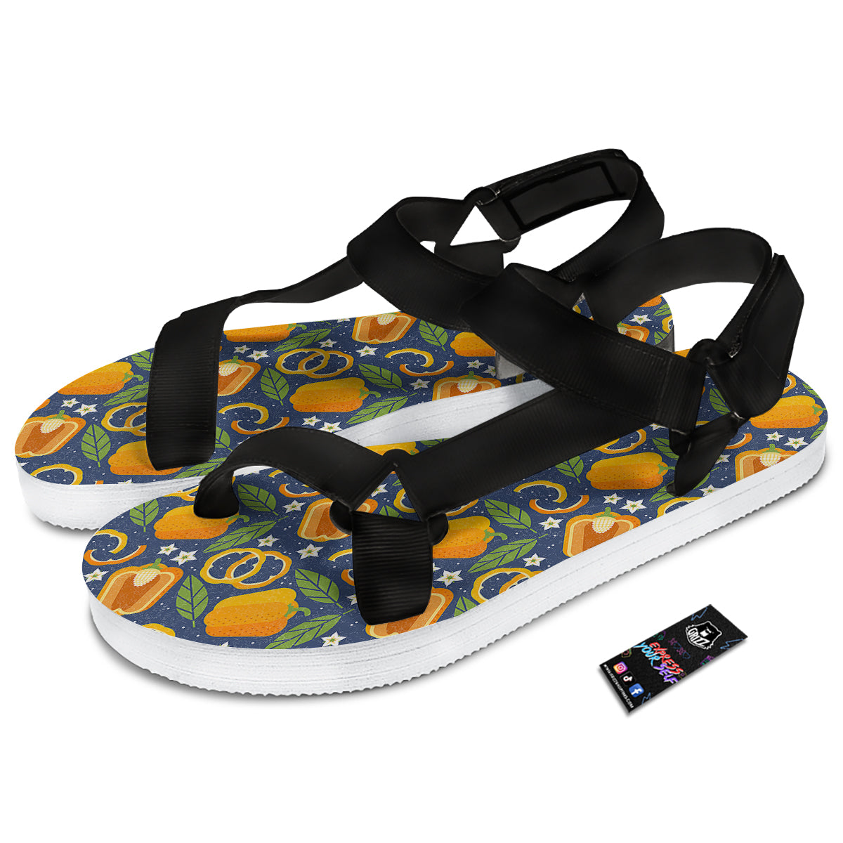 Bell Pepper Leaf Print Pattern Black Open Toe Sandals-grizzshop