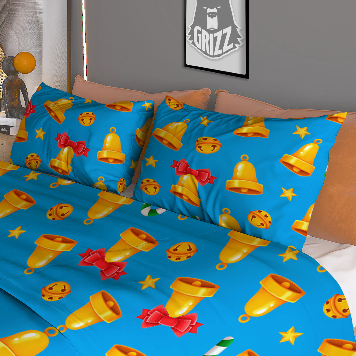 Bells Merry Christmas Print Pattern Duvet Cover Bedding Set
