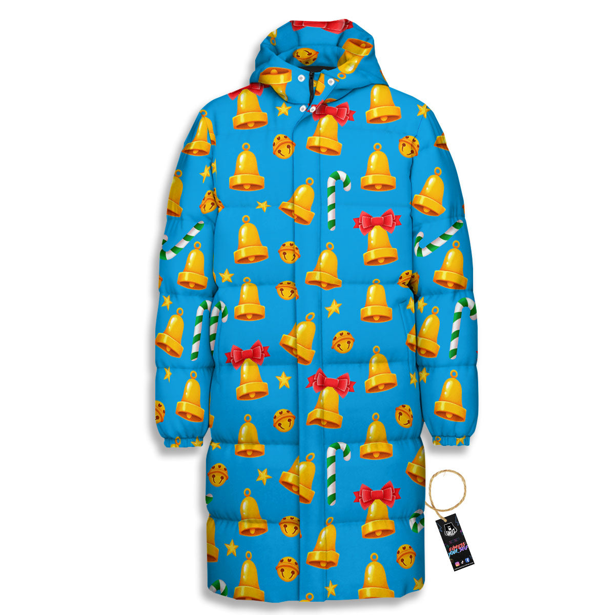 Bells Merry Christmas Print Pattern Long Down Jacket-grizzshop