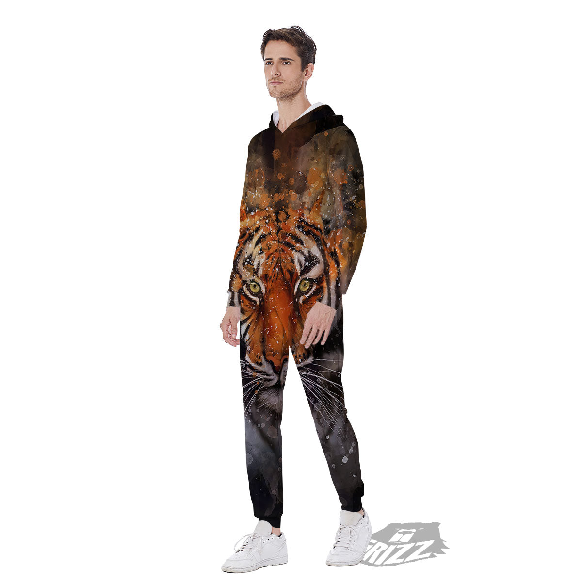 Bengal Tiger Watercolor Print Men's Jumpsuit-grizzshop
