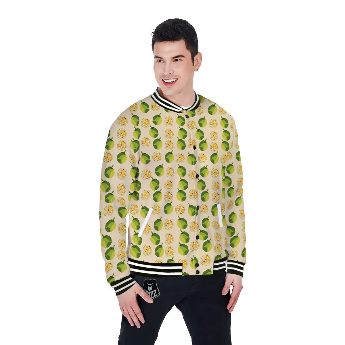 Biege Jackfruit Print Pattern Baseball Jacket-grizzshop