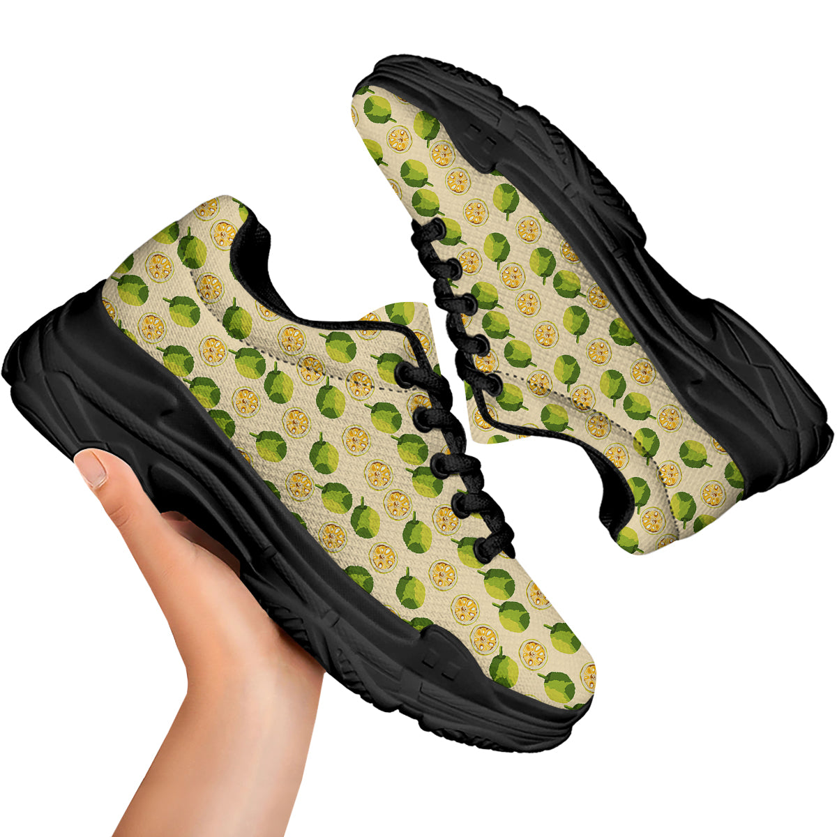 Biege Jackfruit Print Pattern Black Chunky Shoes-grizzshop