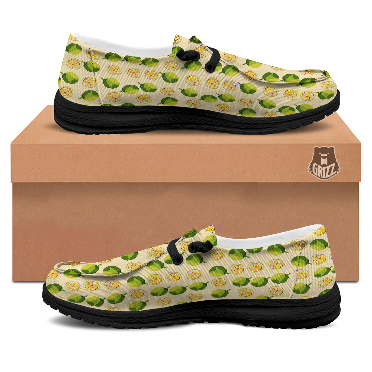 Biege Jackfruit Print Pattern Black Loafers-grizzshop