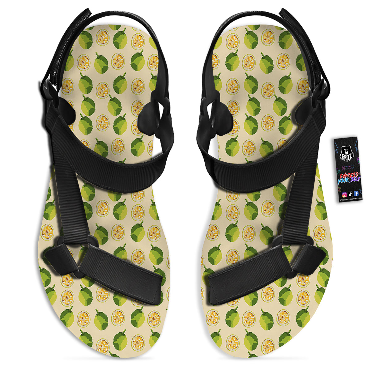 Biege Jackfruit Print Pattern Black Open Toe Sandals-grizzshop