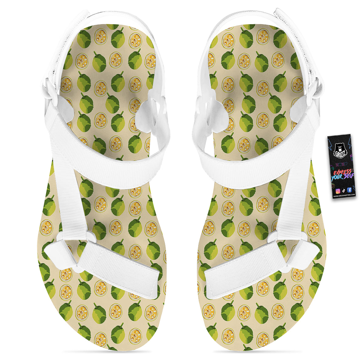 Biege Jackfruit Print Pattern White Open Toe Sandals-grizzshop