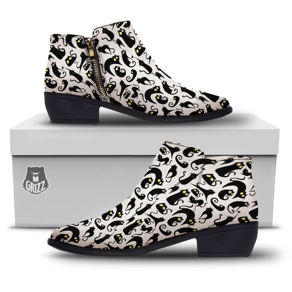 Big Eye Black Cat Halloween Print Pattern Ankle Boots-grizzshop