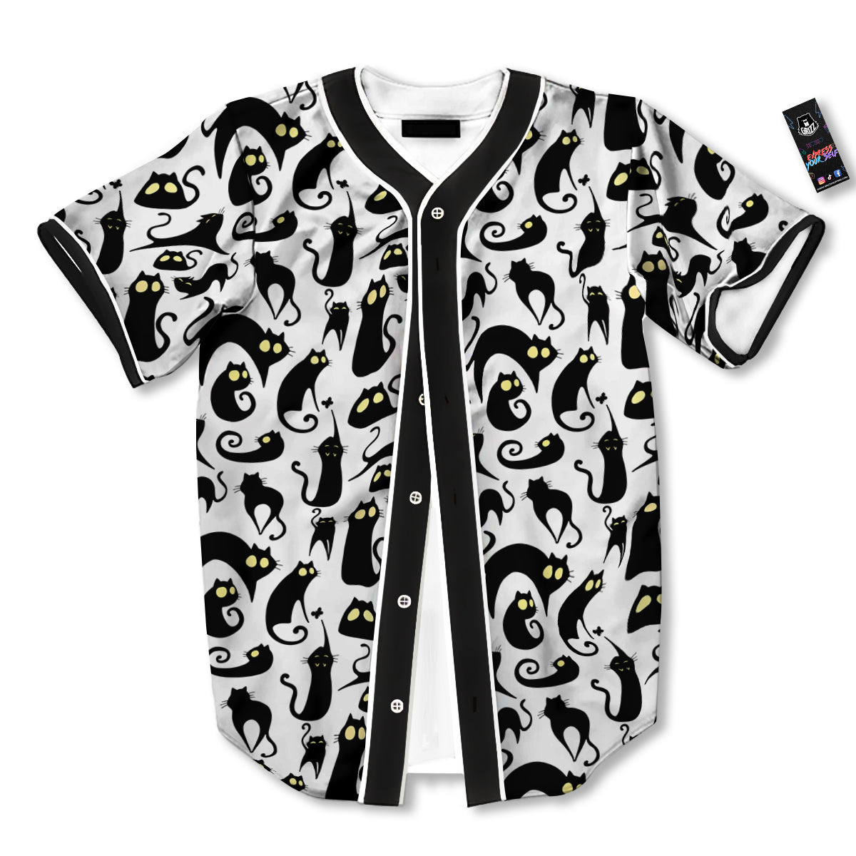 Big Eye Black Cat Halloween Print Pattern Baseball Jersey-grizzshop