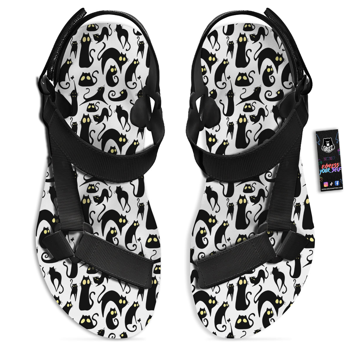 Big Eye Black Cat Halloween Print Pattern Black Open Toe Sandals-grizzshop