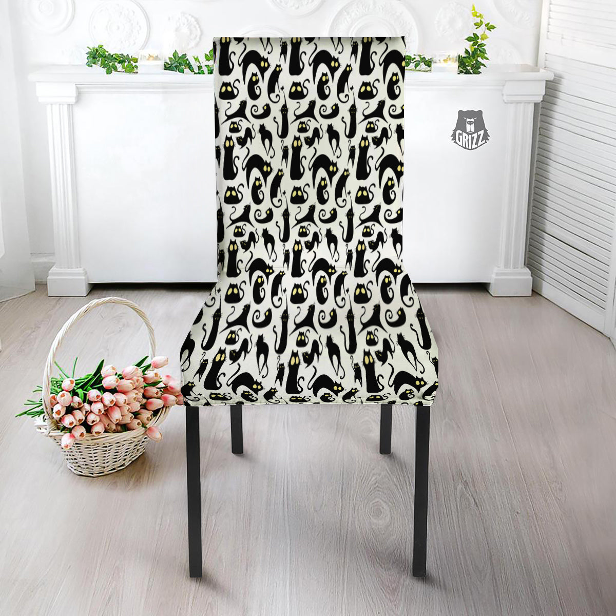 Big Eye Black Cat Halloween Print Pattern Dining Chair Slipcover-grizzshop