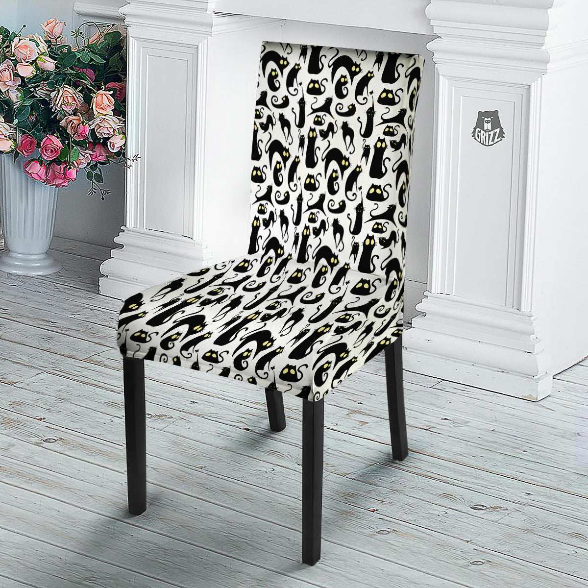 Big Eye Black Cat Halloween Print Pattern Dining Chair Slipcover-grizzshop