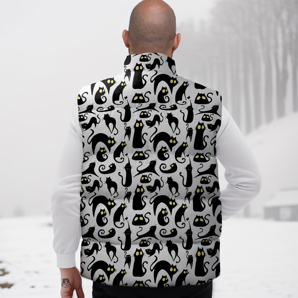 Big Eye Black Cat Halloween Print Pattern Down Vest