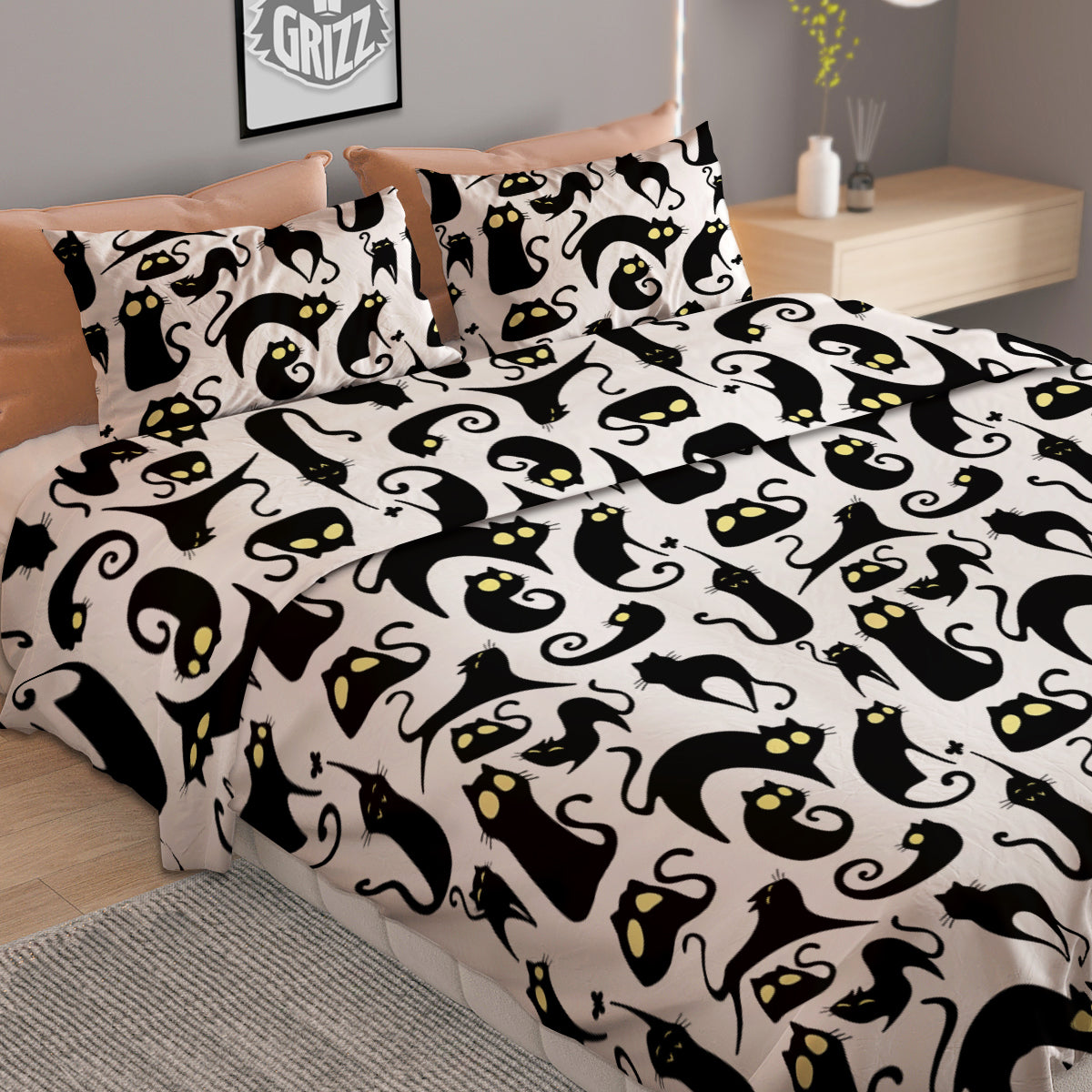 Big Eye Black Cat Halloween Print Pattern Duvet Cover Bedding Set