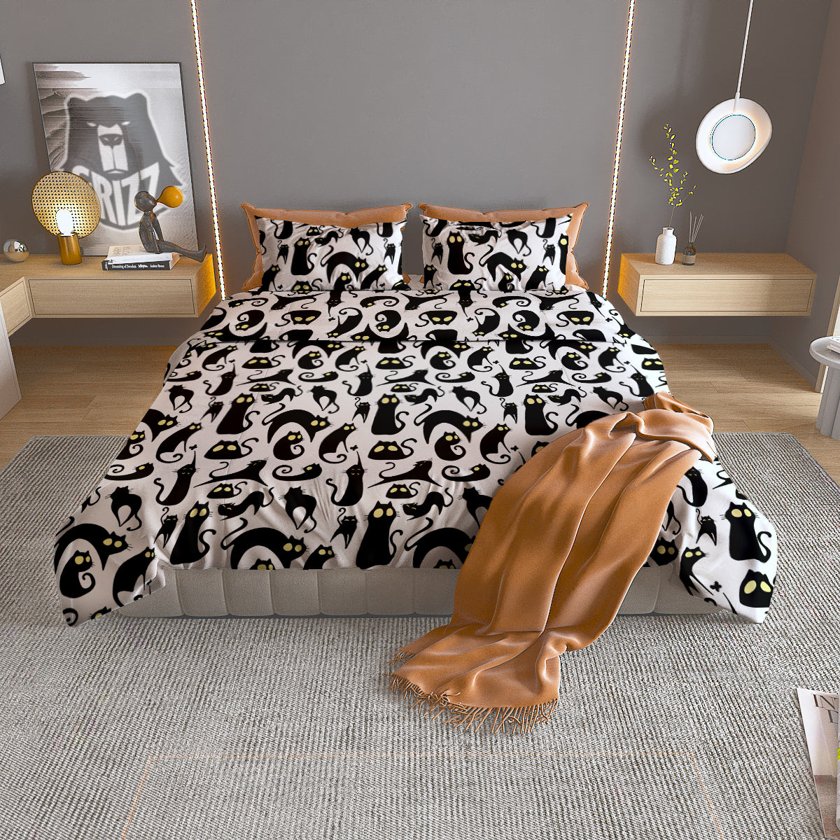 Big Eye Black Cat Halloween Print Pattern Duvet Cover Bedding Set