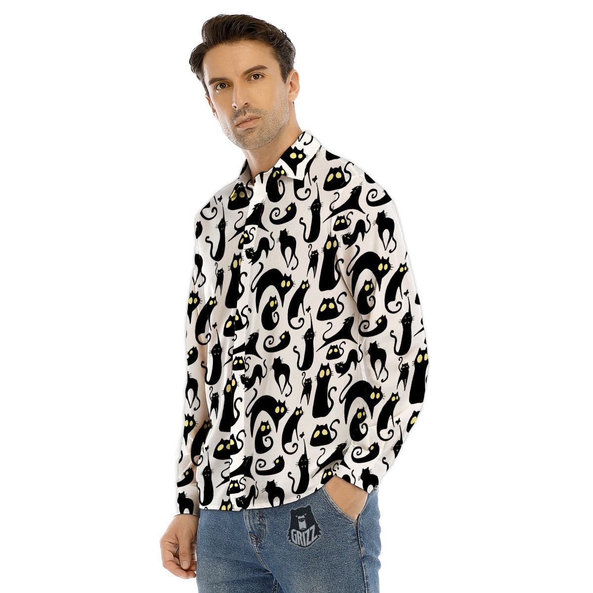 Big Eye Black Cat Halloween Print Pattern Men's Dress Shirts-grizzshop