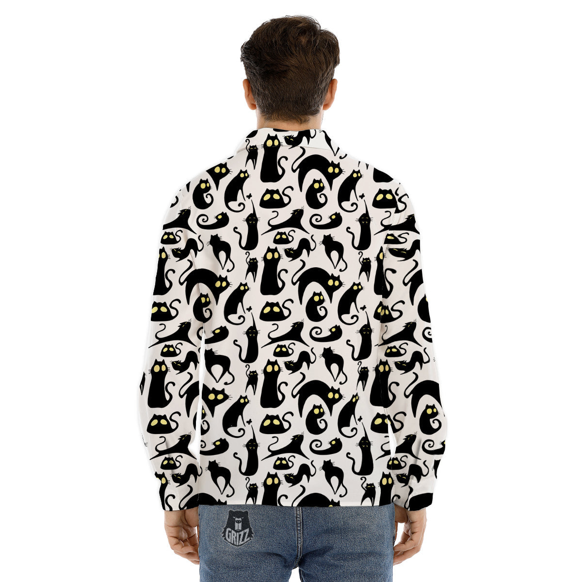 Big Eye Black Cat Halloween Print Pattern Men's Dress Shirts-grizzshop
